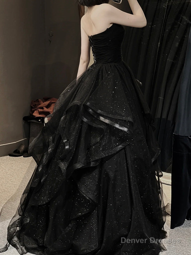A-Line Sweetheart Neck Tulle Black Long Prom Dress, Black Long Formal Dress Secondary image