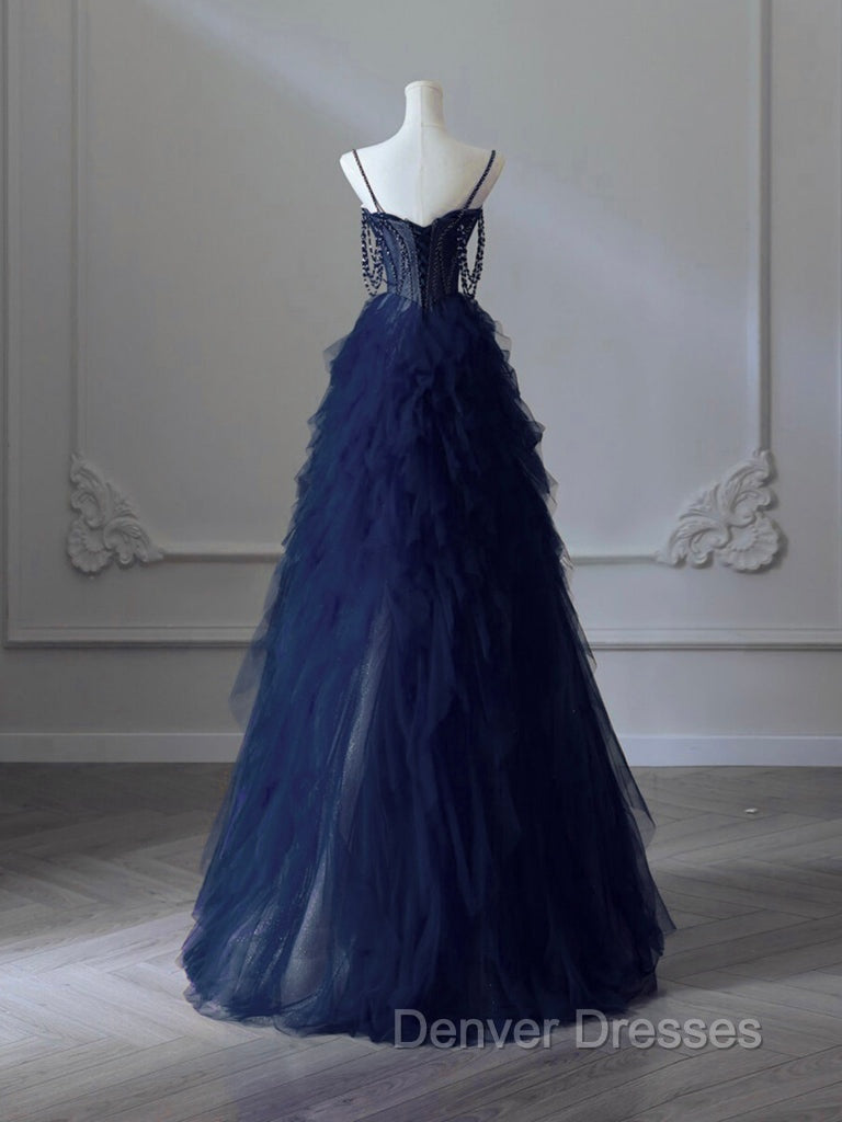 A-Line Sweetheart Neck Tulle Black Long Prom Dress, Black Long Graduation Dress with Beads