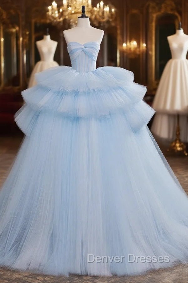 A-Line Sweetheart Neck Tulle Blue Long Prom Dress, Blue Long Evening Gown Main image