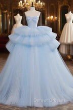 A-Line Sweetheart Neck Tulle Blue Long Prom Dress, Blue Long Evening Gown