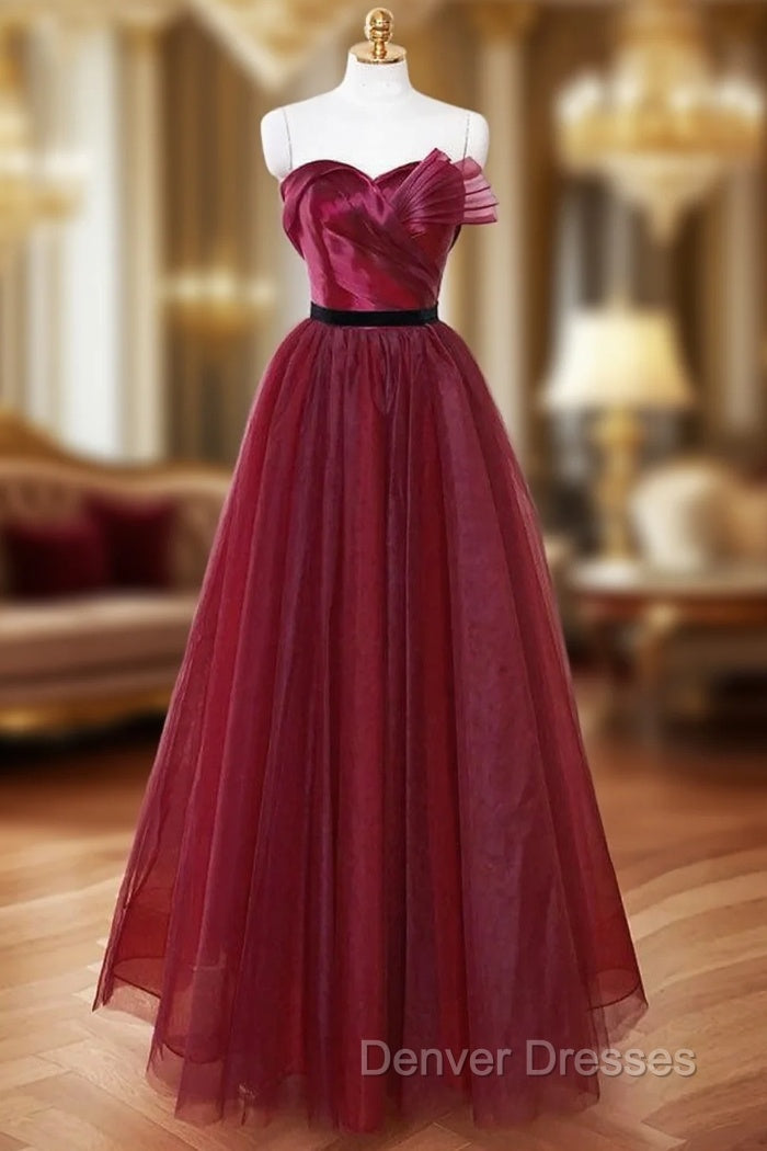 A-Line Sweetheart Neck Tulle Burgundy Long Prom Dress, Burgundy Long Formal Dress Main image