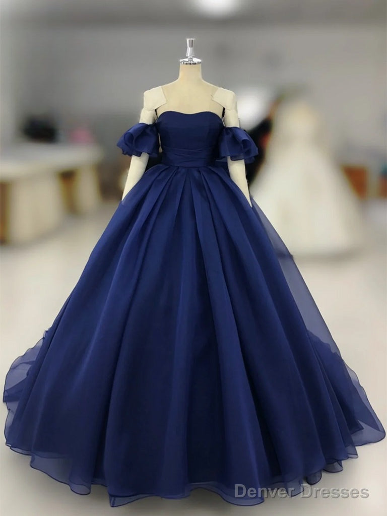 A-Line Sweetheart Neck Tulle Dark Blue Long Prom Dress, Dark Blue Long Formal Dress Main image