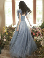 A-Line Sweetheart Neck Tulle Gray Blue Long Prom Dress, Gray Blue Formal Dress