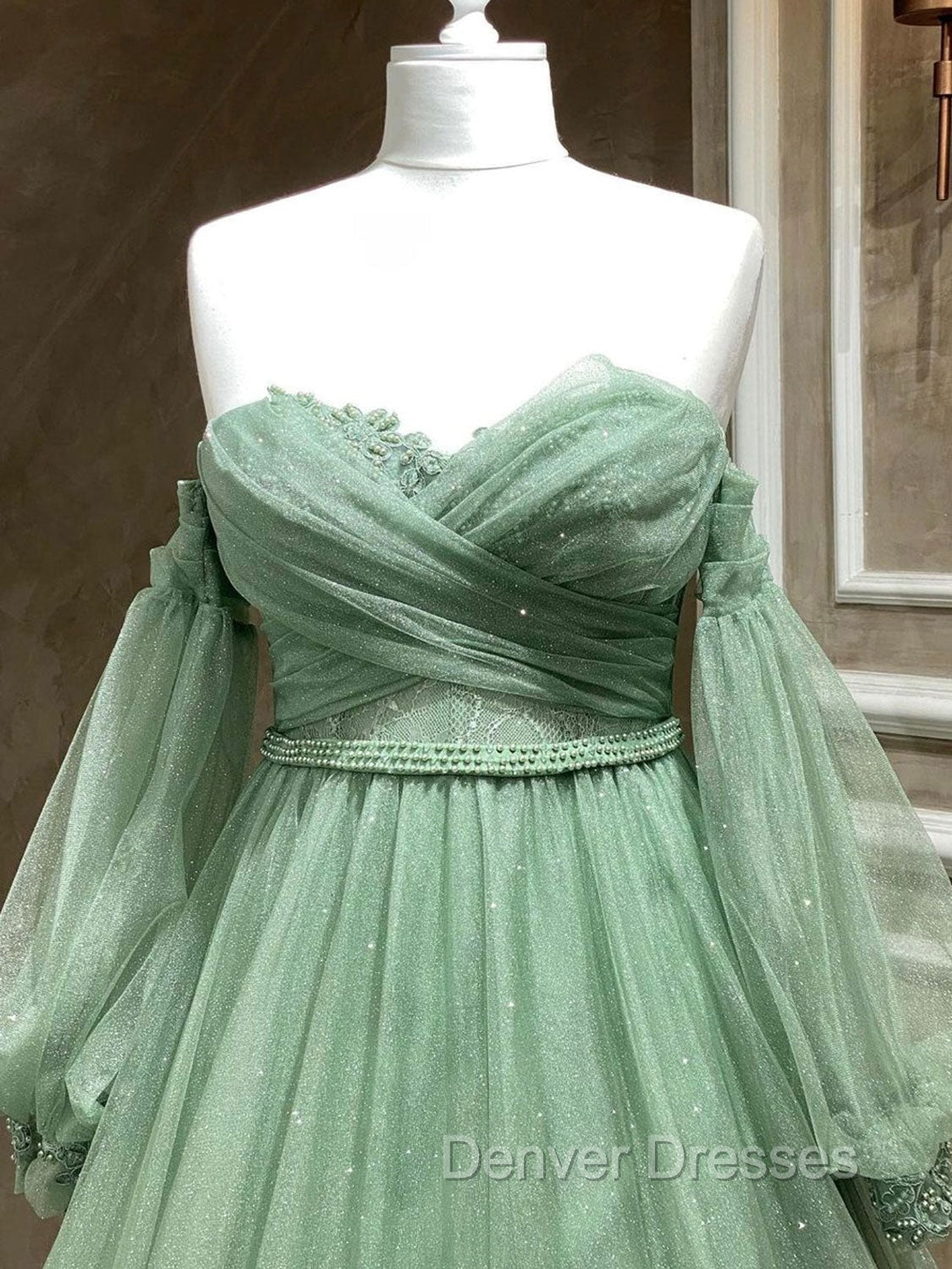 A-Line Sweetheart Neck Tulle Green Long Prom Dress, Green Formal Evening Dress Secondary image