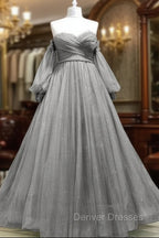A-Line Sweetheart Neck Tulle Green Long Prom Dress, Green Formal Evening Dress