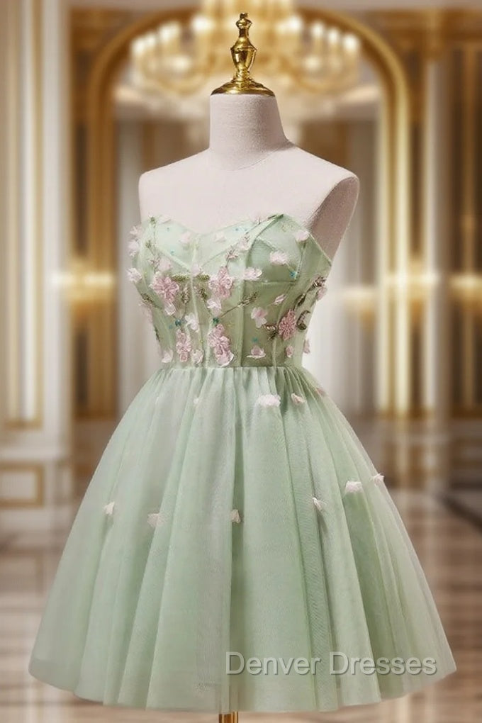 A- Line Sweetheart Neck Tulle Green Short Prom Dress, Green Homecoming Dress
