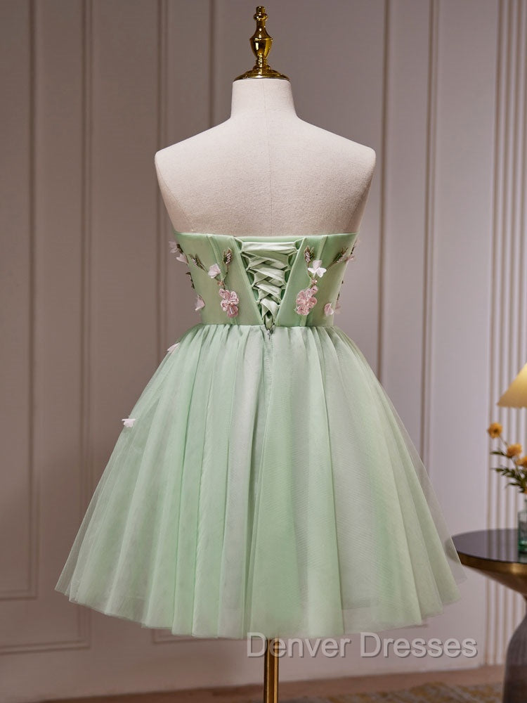 A- Line Sweetheart Neck Tulle Green Short Prom Dress, Green Homecoming Dress
