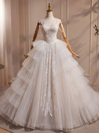 A-Line Sweetheart Neck Tulle Lace Applique Beige Long Prom Dress With Beads