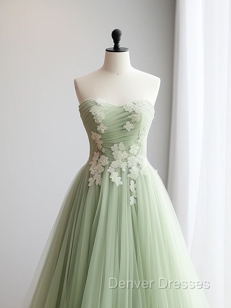A-Line Sweetheart Neck Tulle Lace Applique Green Long Prom Dress, Green Formal Dress Secondary image