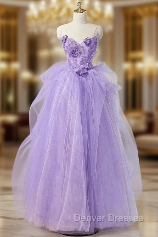 A-Line Sweetheart Neck Tulle Lace Applique Purple Long Prom Dress, Purple Formal Dress Main image
