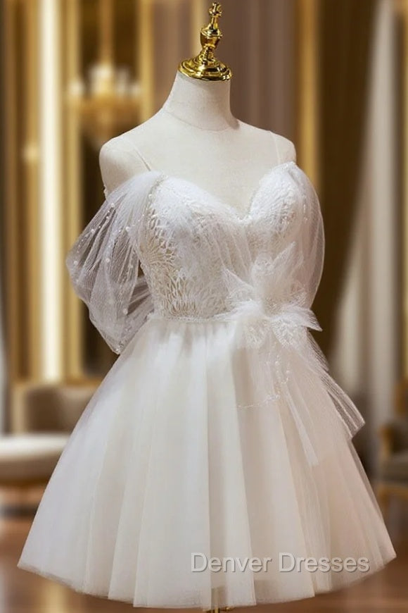 A Line Sweetheart Neck Tulle Lace Beige Short Prom Dress,  Puffy Cute Homecoming Dress