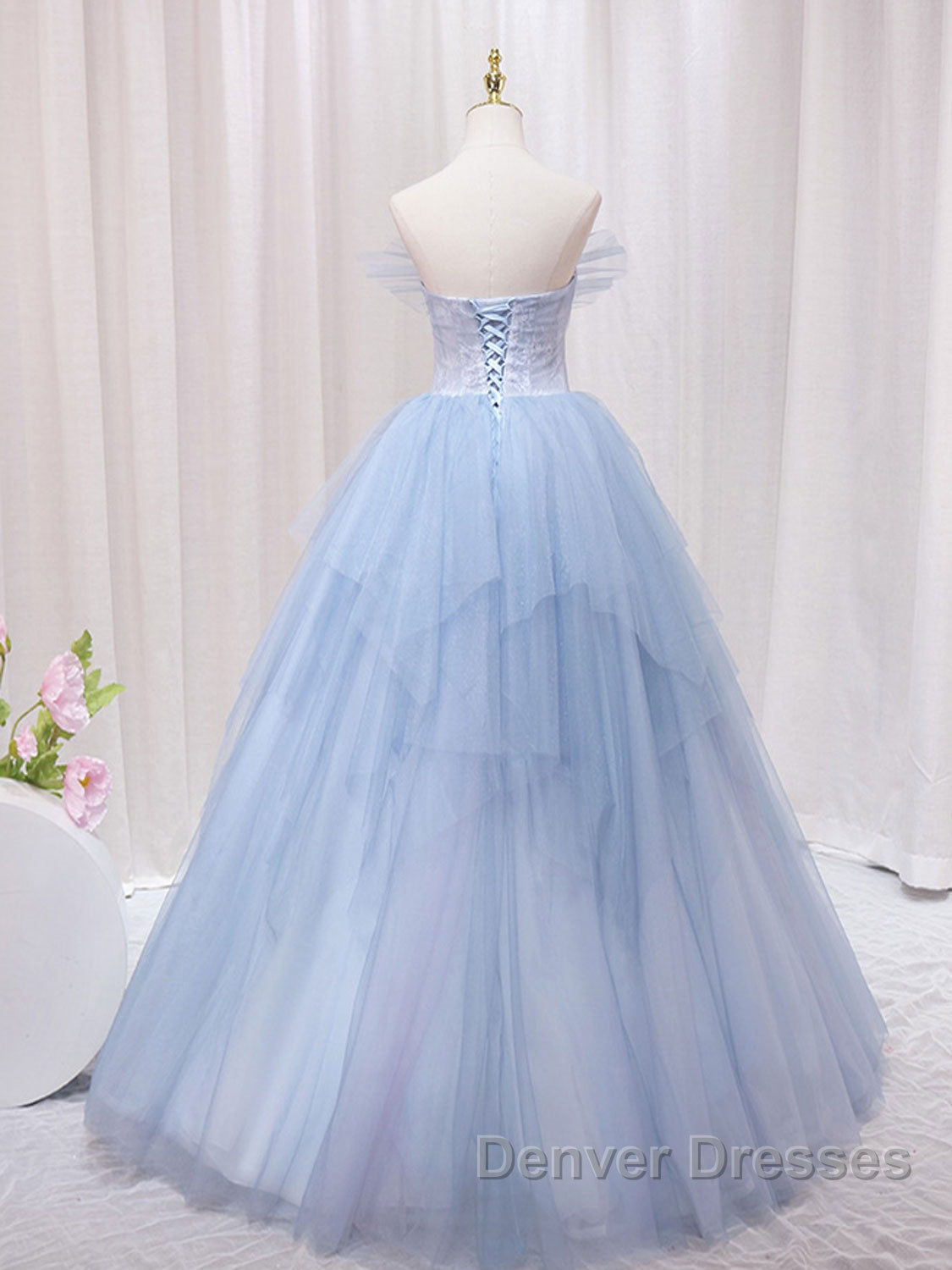 A-Line Sweetheart Neck Tulle Lace Blue Long Prom Dress, Blue Formal Evening Dress Secondary image