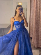 A-Line Sweetheart Neckline Tulle Lace Blue Long Ball Gown Women'S Formal Evening Dress