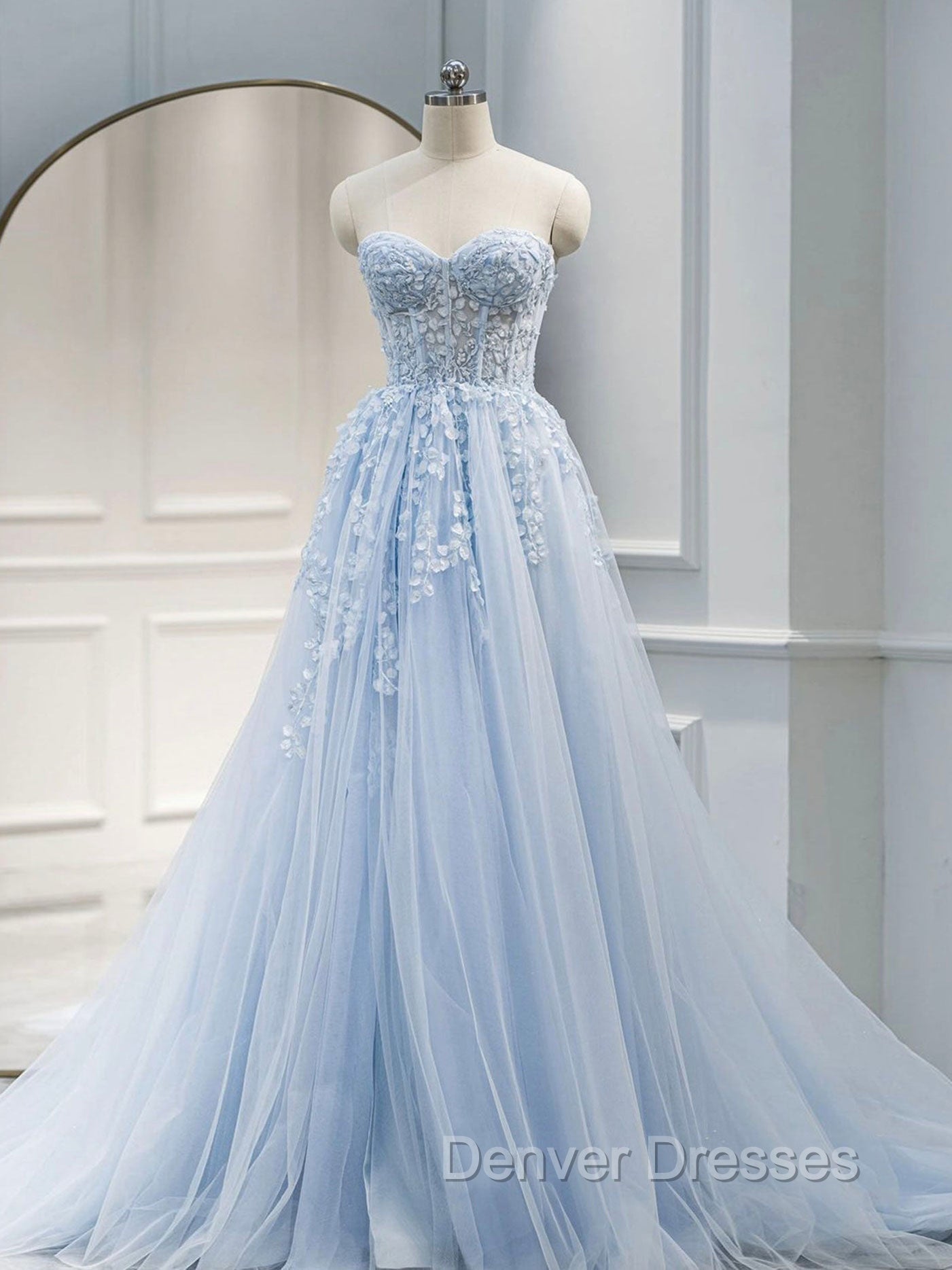 A Line Sweetheart Neck Tulle lace Blue Long Prom Dress, Lace Formal Gown Graduation Dress Main image