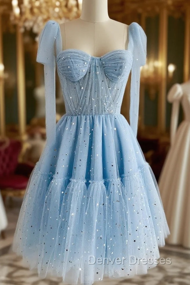 A-Line Sweetheart Neck Tulle Lace Blue Short Prom Dress, Blue Homecoming Dress