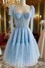 A-Line Sweetheart Neck Tulle Lace Blue Short Prom Dress, Blue Homecoming Dress