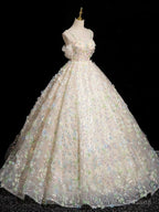 A-Line Sweetheart Neck Tulle Lace Champagne Long Prom Dress