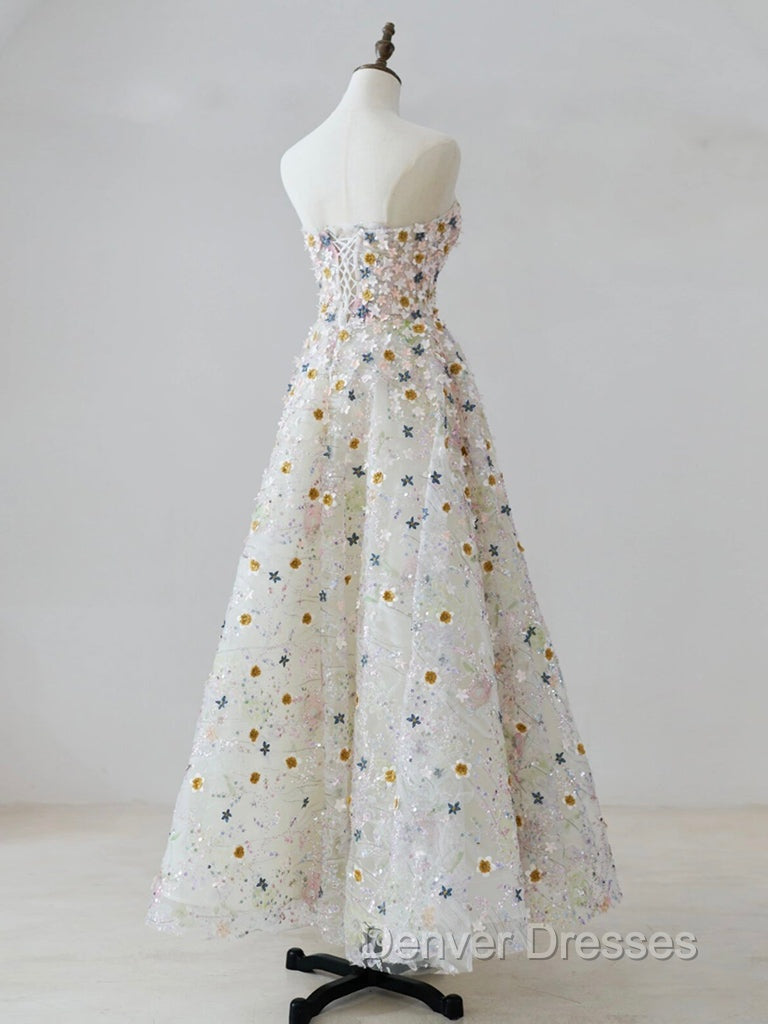 A-line Sweetheart Neck Tulle Lace Flower Beige Long Prom Dress, Beige Long Formal Dress Secondary image