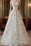 A-line Sweetheart Neck Tulle Lace Flower Beige Long Prom Dress, Beige Long Formal Dress