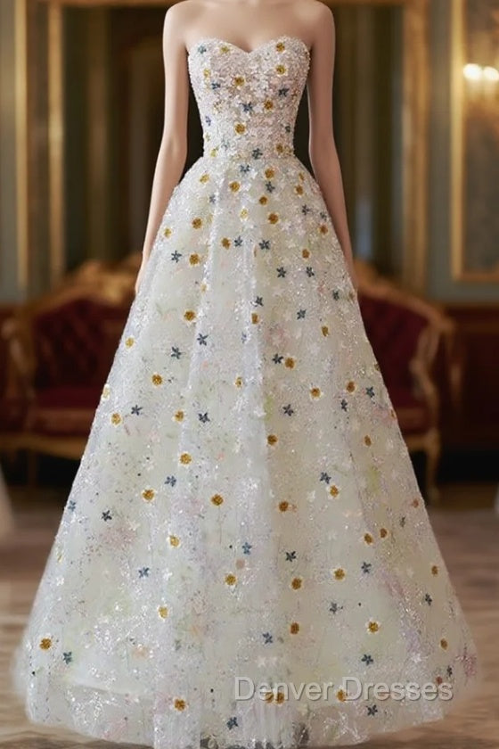 A-line Sweetheart Neck Tulle Lace Flower Beige Long Prom Dress, Beige Long Formal Dress Main image