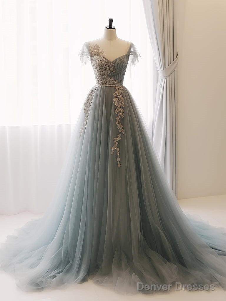 A-Line Sweetheart Neck Tulle Lace Gray Blue Long Prom Dress Formal Dress Elegant