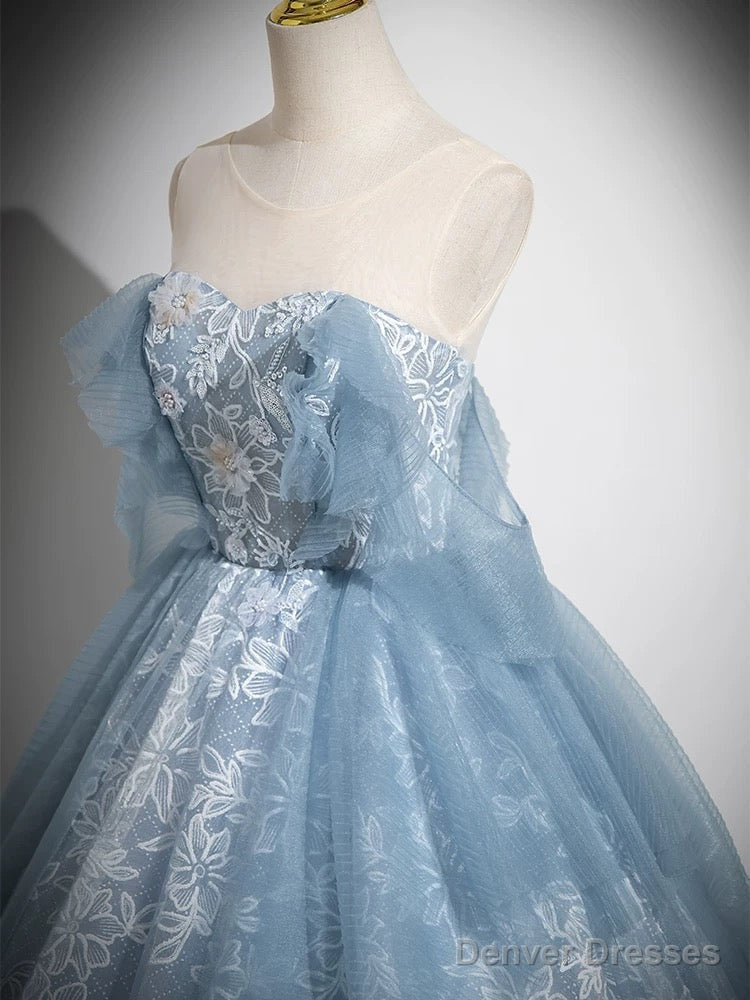 A-Line Sweetheart Neck Tulle Lace Gray Blue Long Prom Dress, Gray Blue Evening Dress Secondary image