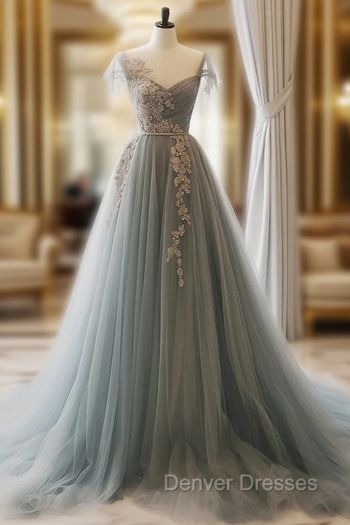 A-Line Sweetheart Neck Tulle Lace Gray Blue Long Prom Dress, Gray Blue Formal Dress Main image