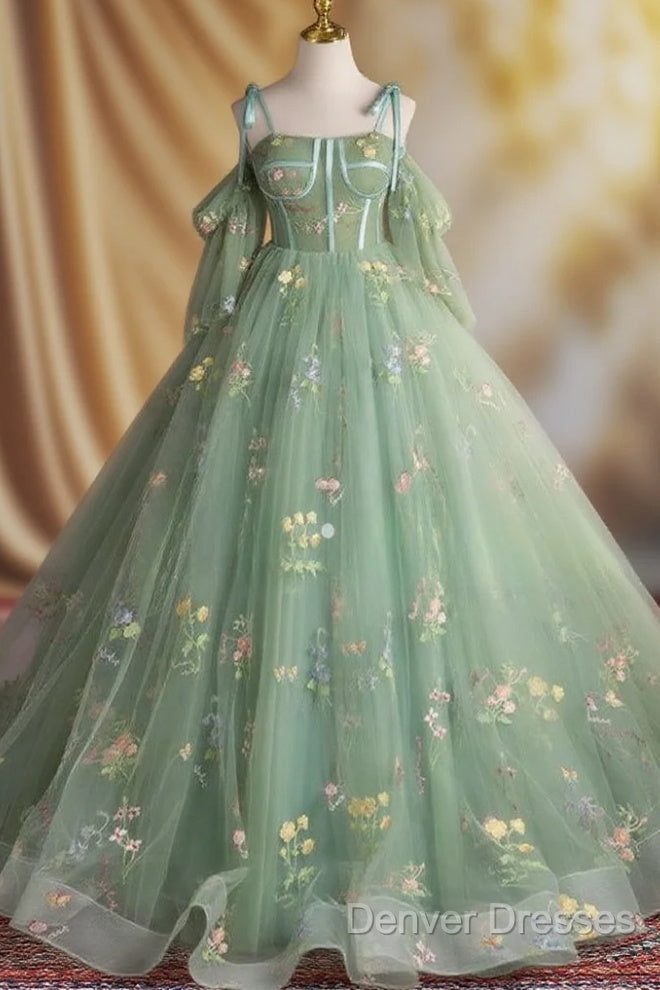 A-Line Sweetheart Neck Tulle Lace Green Long Prom Dress Main image