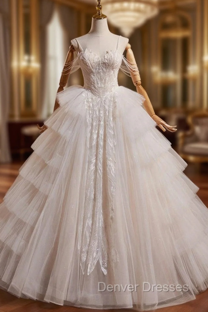 A-Line Sweetheart Neck Tulle Lace Light Champagne Long Wedding Dress with Beads