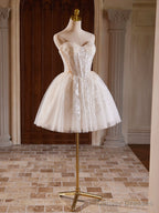 A-Line Sweetheart Neck Tulle Lace Light Champagne Short Prom Dress