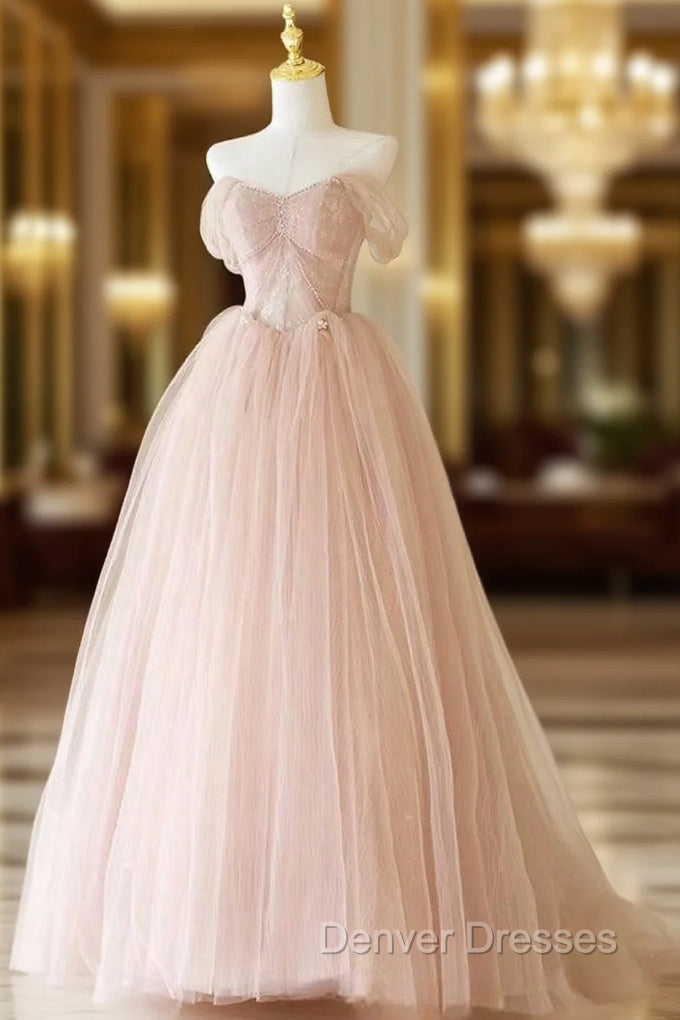 A-Line Sweetheart Neck Tulle Lace Long Pink Prom Dress, Pink Party Dress with Beads Main image