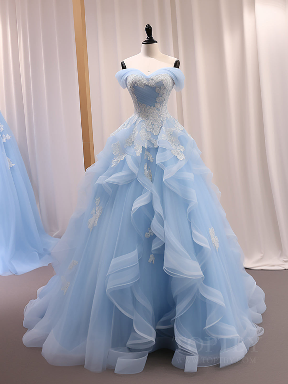 A-Line Sweetheart Neck Tulle Lace Off Shoulder Blue Long Prom Dress Main image