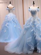 A-Line Sweetheart Neck Tulle Lace Off Shoulder Blue Long Prom Dress