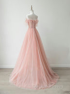 A-Line Sweetheart Neck Tulle Lace Pink Long Prom Dress, Pink Formal Dress