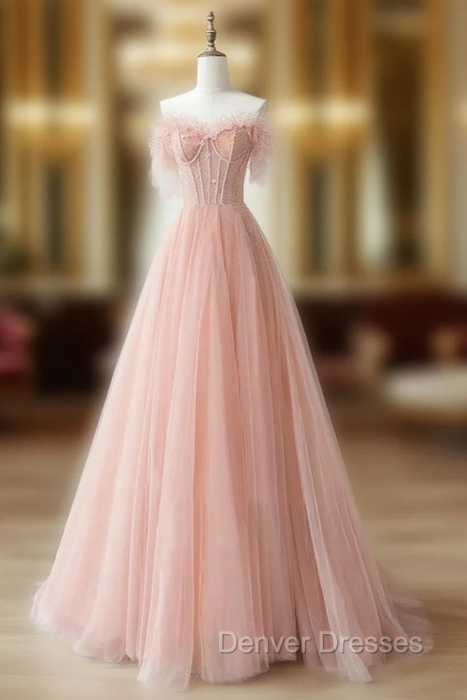 A-Line Sweetheart Neck Tulle Lace Pink Long Prom Dress, Pink Formal Dress Main image