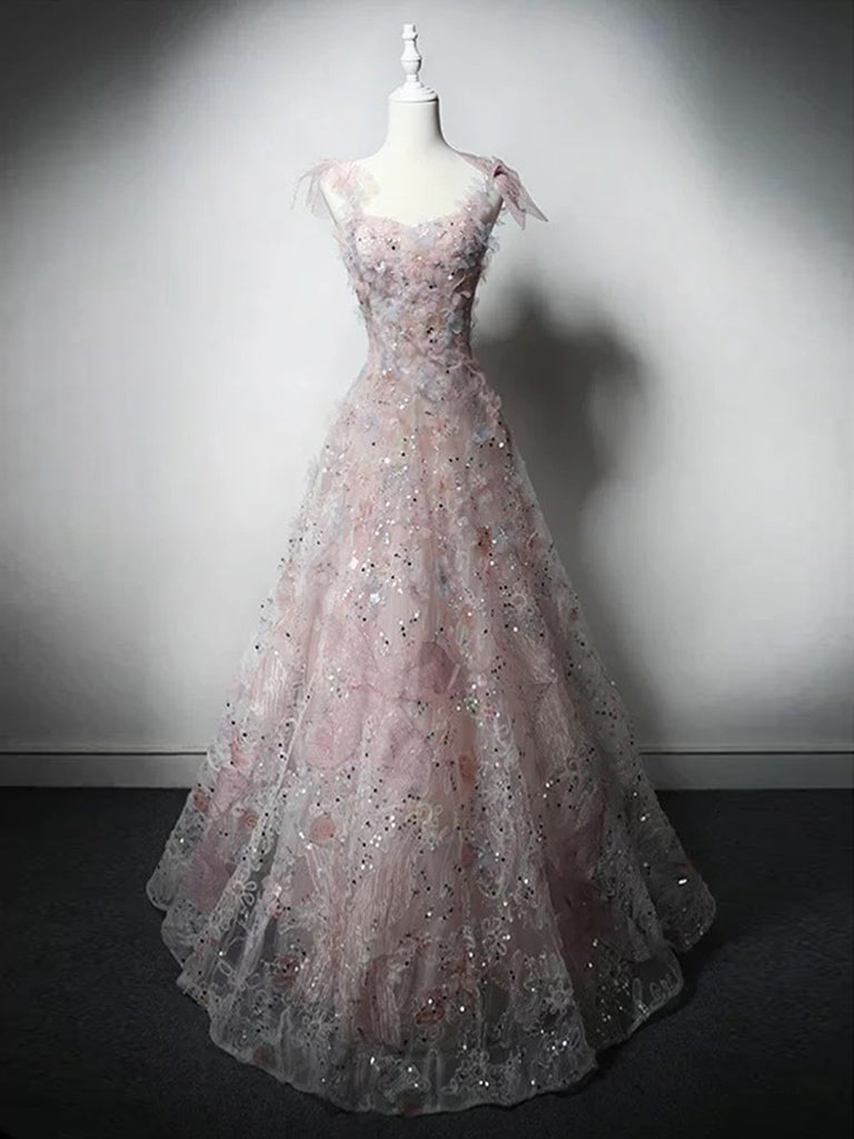 A-Line Sweetheart Neck Tulle Lace Pink Long Prom Dress, Pink Long Formal Dress Main image