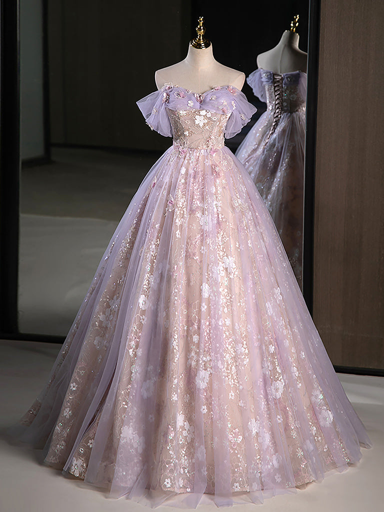 A-Line Sweetheart Neck Tulle Lace Purple Long Prom Dress, Purple Long Formal Dress Main image
