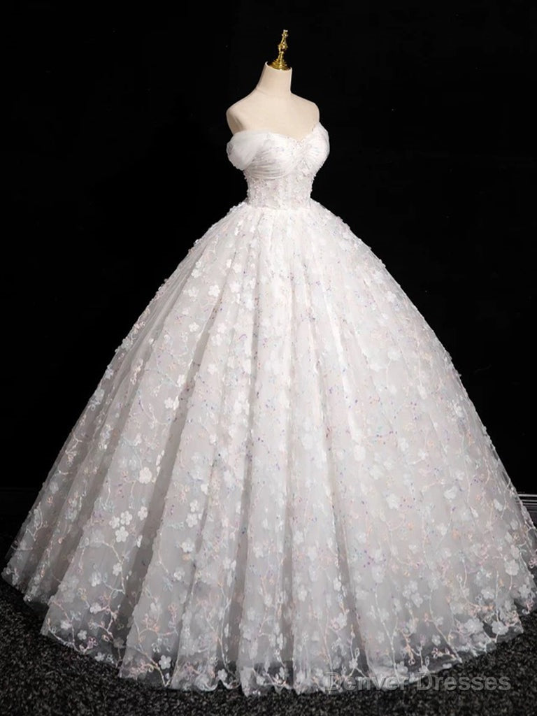 A-Line Sweetheart Neck Tulle Lace White Long Prom Dress, White Lace Formal Dress