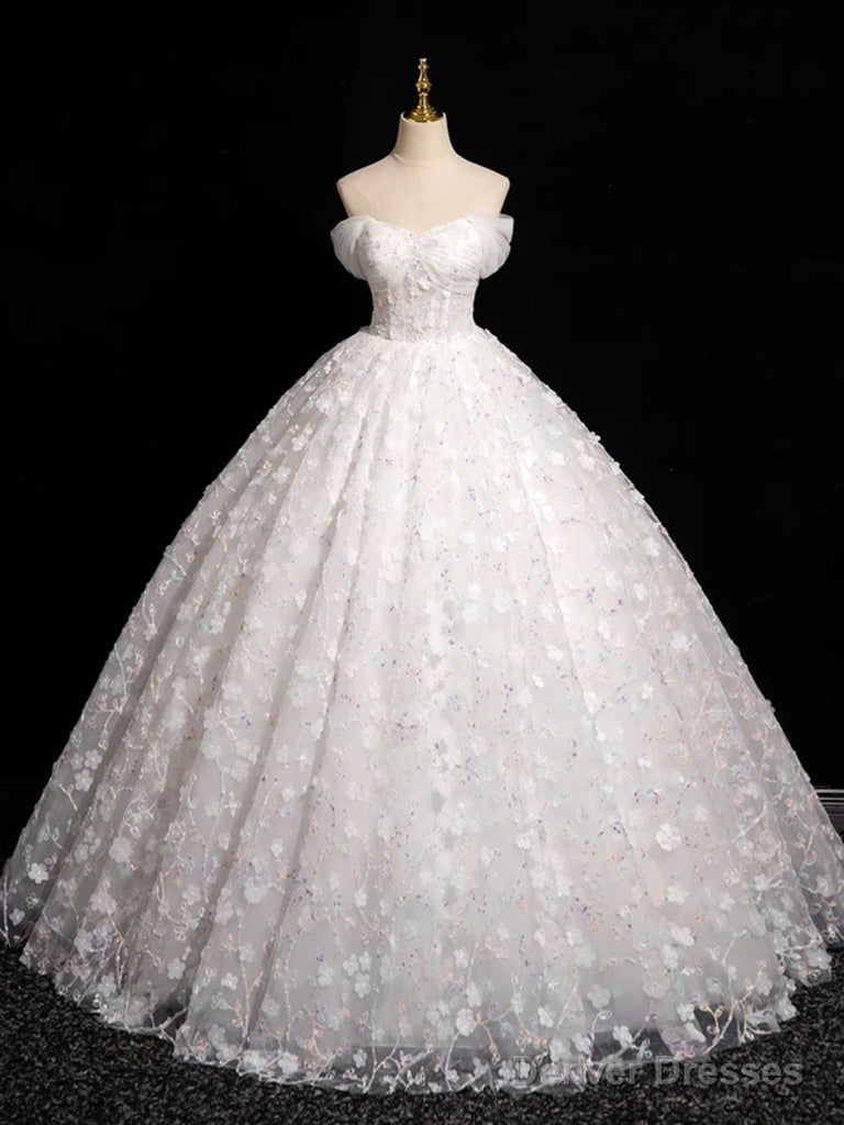 A-Line Sweetheart Neck Tulle Lace White Long Prom Dress, White Lace Formal Dress Main image