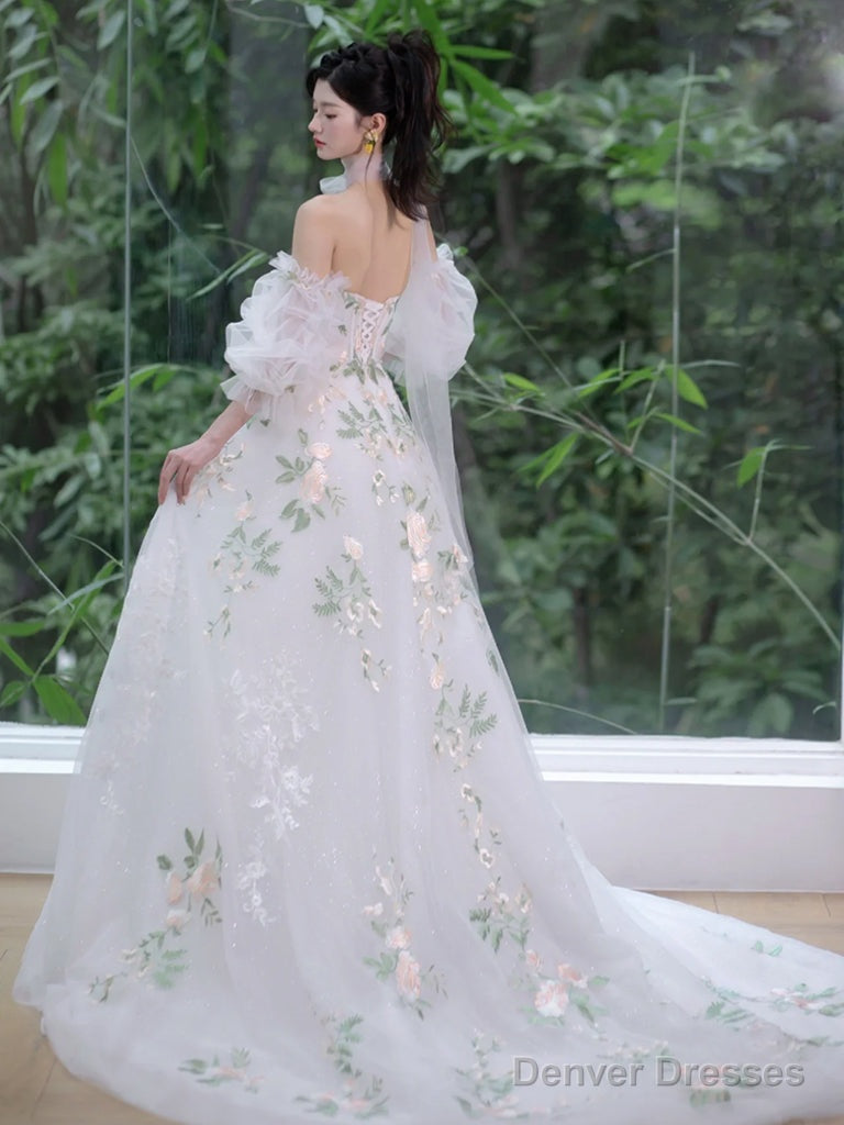 A-Line Sweetheart Neck Tulle Lace White Long Prom Dress, White Long Formal Dress Secondary image