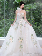 A-Line Sweetheart Neck Tulle Lace White Long Prom Dress, White Long Formal Dress