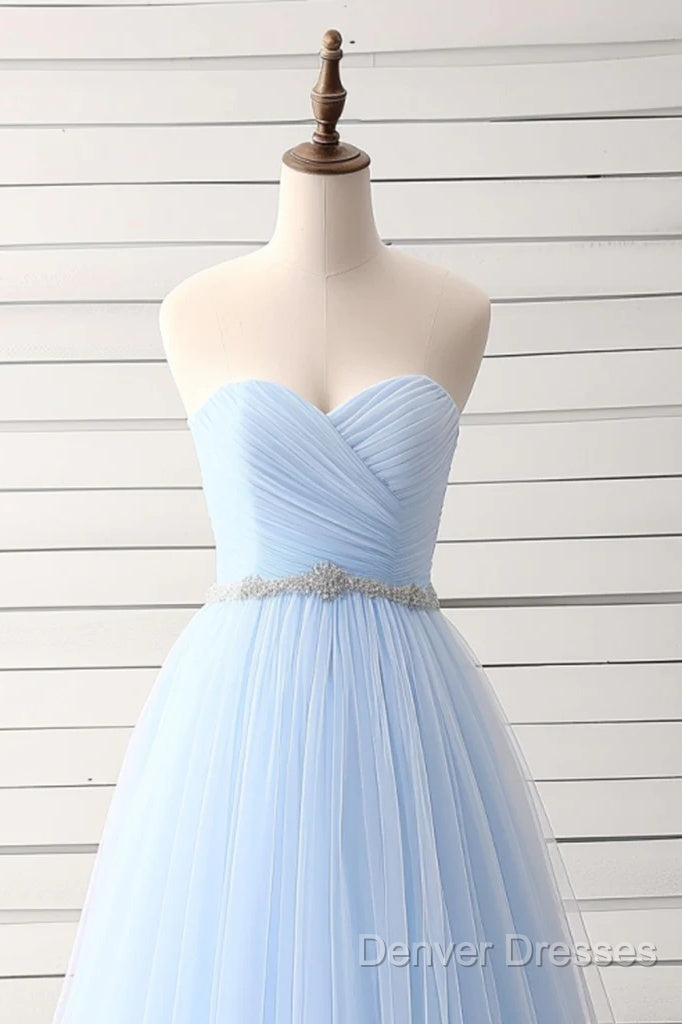 A-Line Sweetheart Neck Tulle Light Sky Blue Long Prom Dress