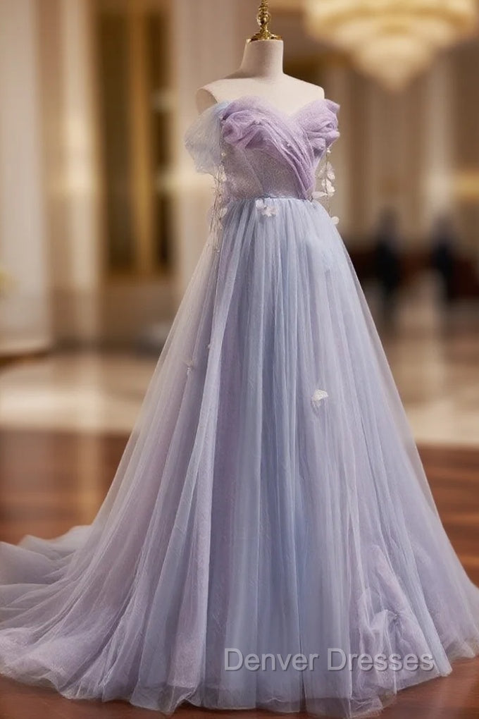 A-Line Sweetheart Neck Tulle Purple Long Prom Dress, Purple Formal Dress