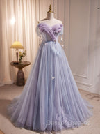 A-Line Sweetheart Neck Tulle Purple Long Prom Dress, Purple Formal Dress