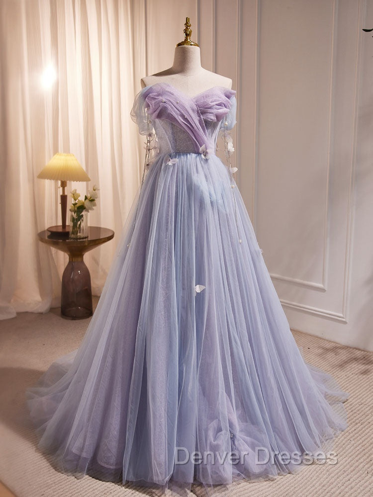A-Line Sweetheart Neck Tulle Purple Long Prom Dress, Purple Formal Dress