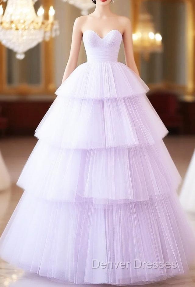 A-Line Sweetheart Neck Tulle Purple Long Prom Dress, Purple Long Formal Dress