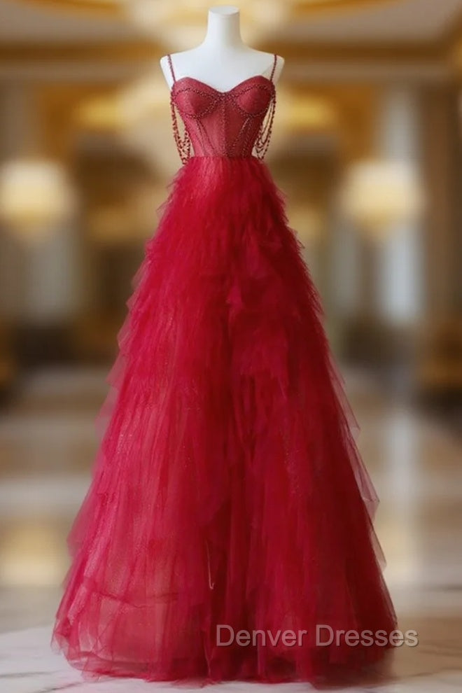 A-Line Sweetheart Neck Tulle Red Long Prom Dress, Red Long Graduation Dress with Beads Main image