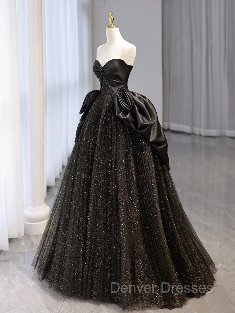 A-Line Sweetheart Neck Tulle Satin Black Long Prom Dress, Black Long Evening Dress Secondary image