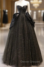 A-Line Sweetheart Neck Tulle Satin Black Long Prom Dress, Black Long Evening Dress