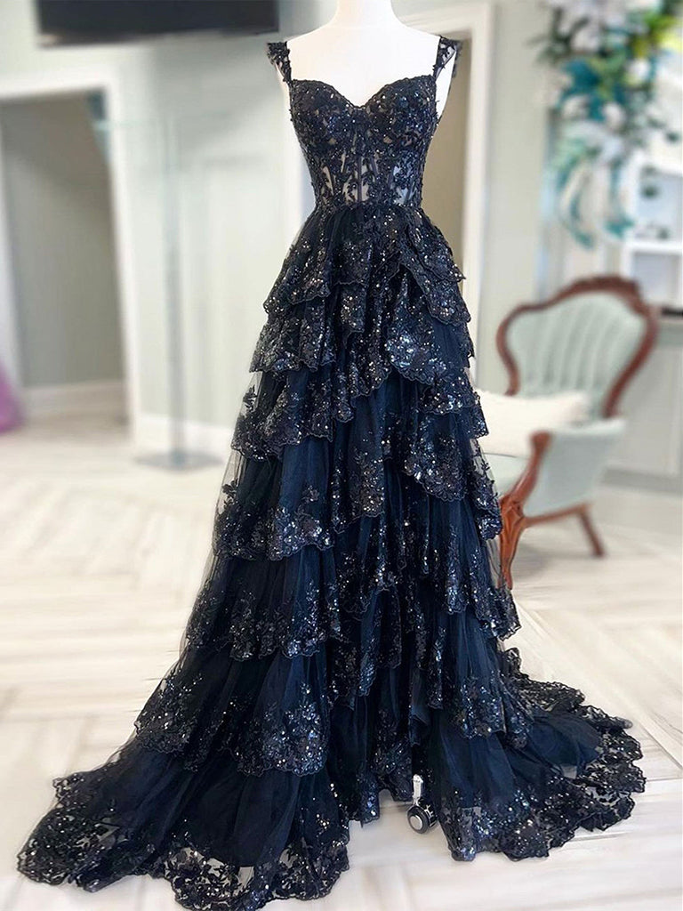 A-Line Sweetheart Neck Tulle Sequin Black Long Prom Dress, Black Formal Dress Main image